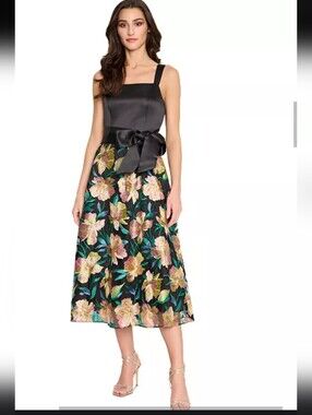 Tahari ASL Floral Embroidered Fit Flare Midi Dress Black Pink Size 4 NWTAlterna